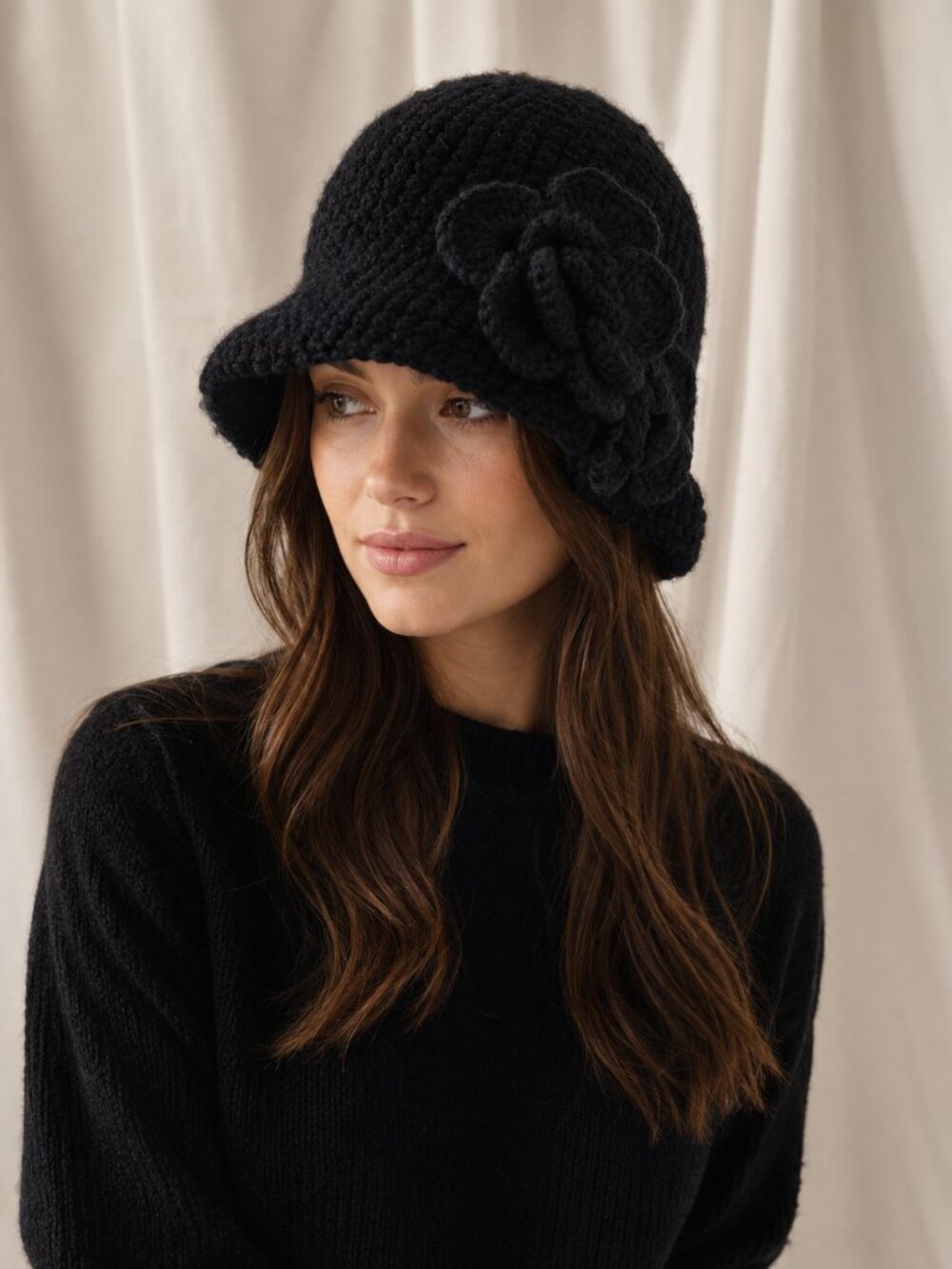 Bergere of France Knit Bucket Hat Black Flowers
